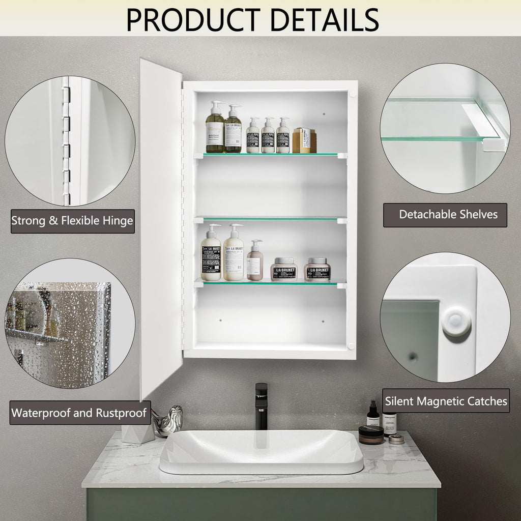 Bathroom Medicine Cabinet with Mirror, 20x26 Inch Rectangular Beveled Mirror Cabinet, Wall Mounted Metal Cabinet