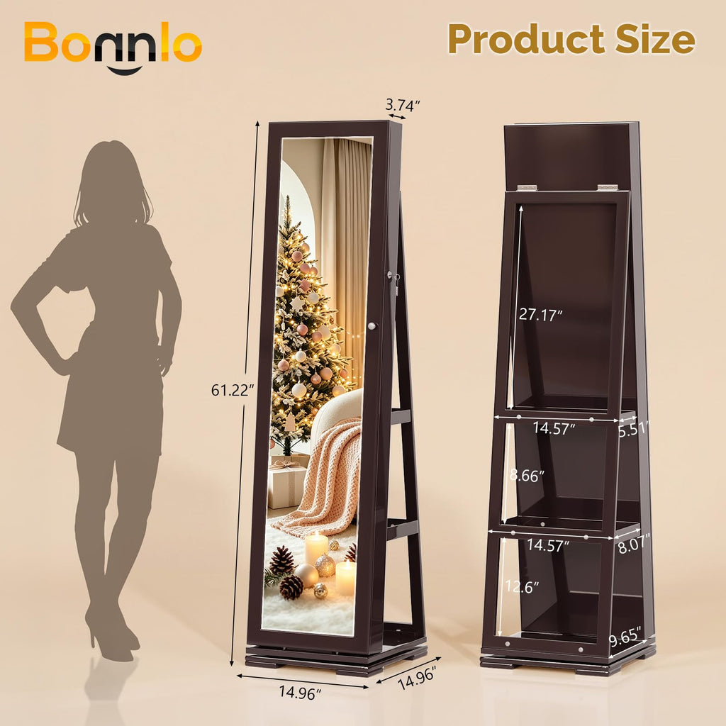360° Swivel Jewelry Mirror Cabinet with Full-Length Mirror and Interior Makeup Mirror, Lockable Standing Jewelry