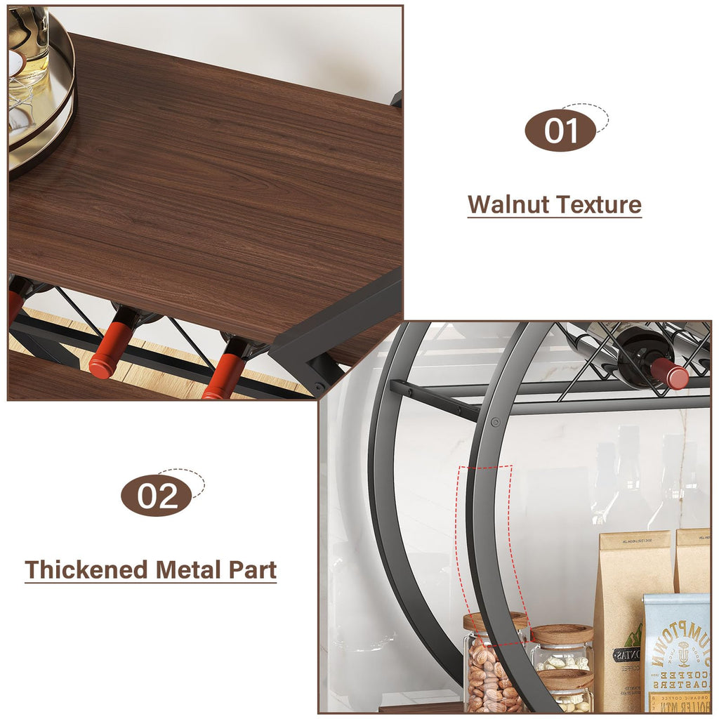 Modern Bar Cart, Industrial Rolling Wine Cart with Wine Rack, Walnut