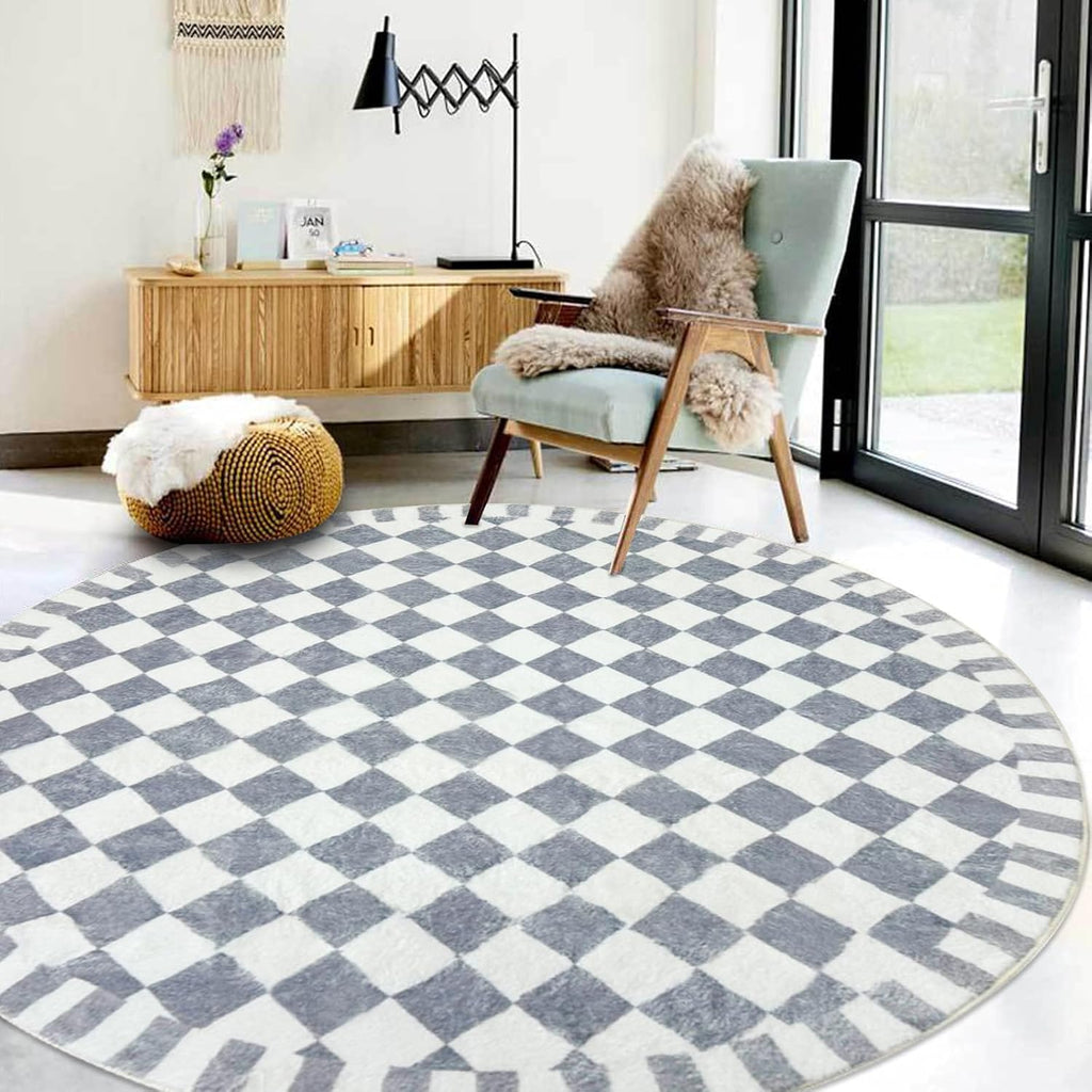 Round Modern Checkered Rug - 5.2Ft Circle Buffalo Plaid Check Bedroom Carpet Nonslip Farmhouse Floor Mat Washable