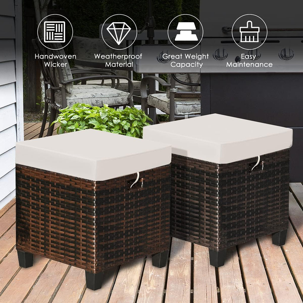 2-Piece Rattan Patio Ottoman, All Weather Wicker Ottoman w/Removable Cushion & Steel Frame, Outdoor Footstool