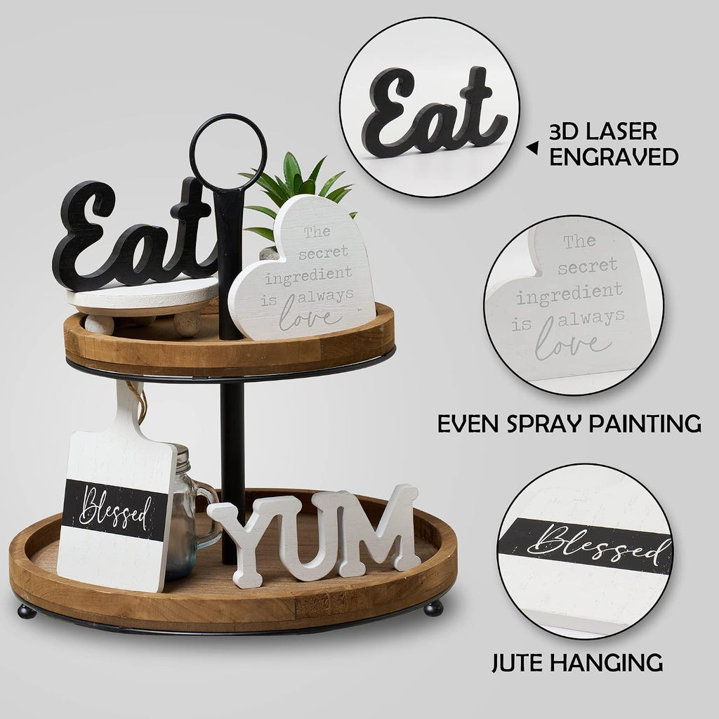 GENMOUS Farmhouse Kitchen Tiered Tray Decor Items Mini Set, Rustic Black and White Kitchen Counter Decor, Two Tiered - Set of 4
