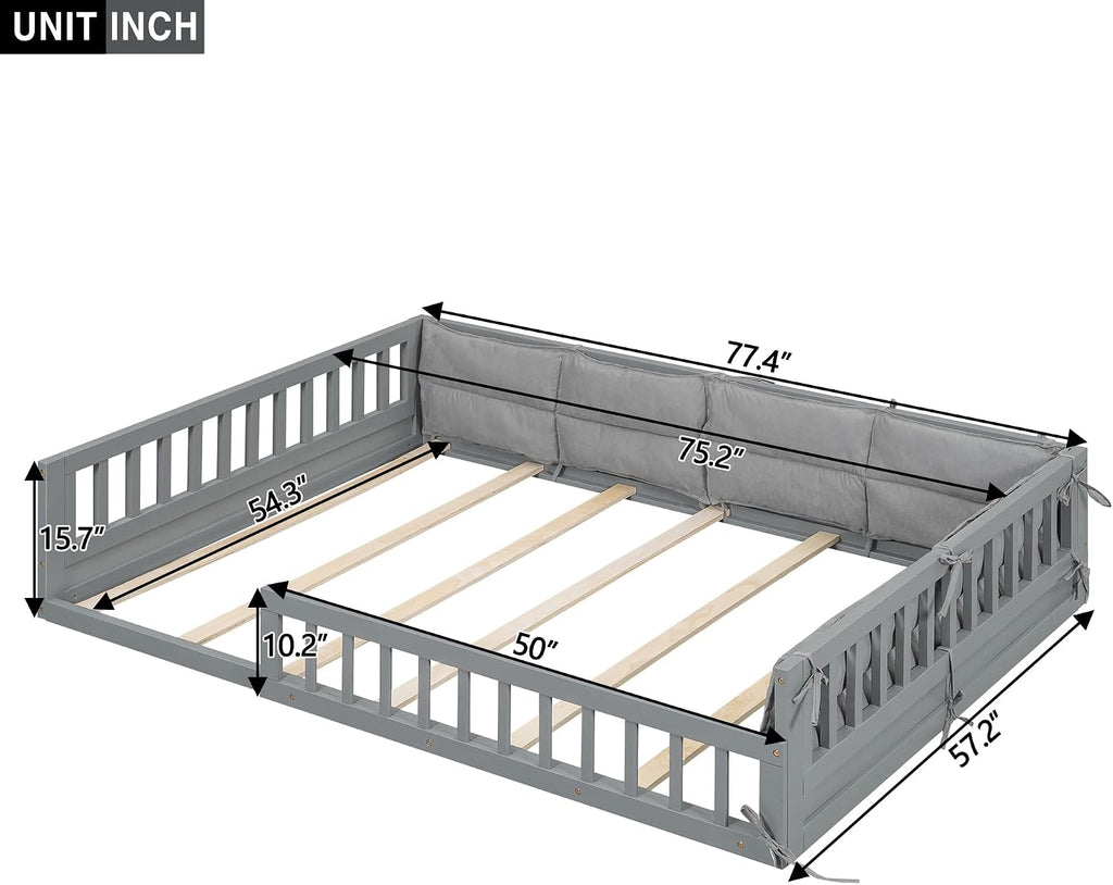 Floor Bed with Fence and Pillow, Kids Montessori Bed with Safety Guardrails, Solid Wood Playhouse Bed Frame
