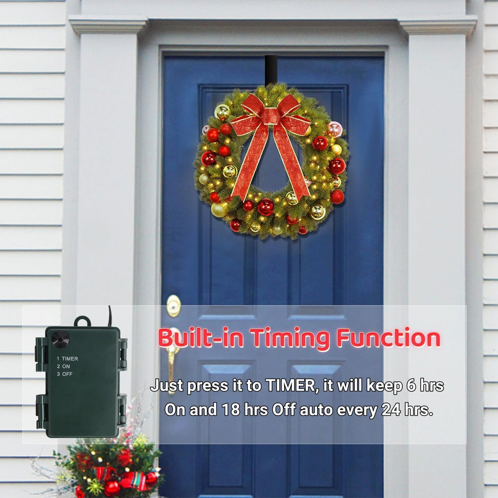 21 Inch Pre-Lit Christmas Wreath with Metal Hanger, Lighted Xmas Folded Wreath with 60 LED Lights, Red Bow