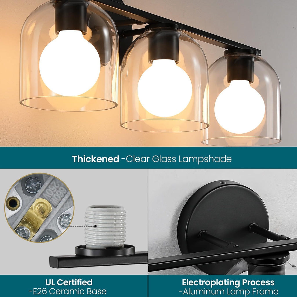 Bathroom Vanity Light Fixtures: 32.3 Inch Modern Matte Black Bathroom Lighting Fixtures Over Mirror with Clear Glass