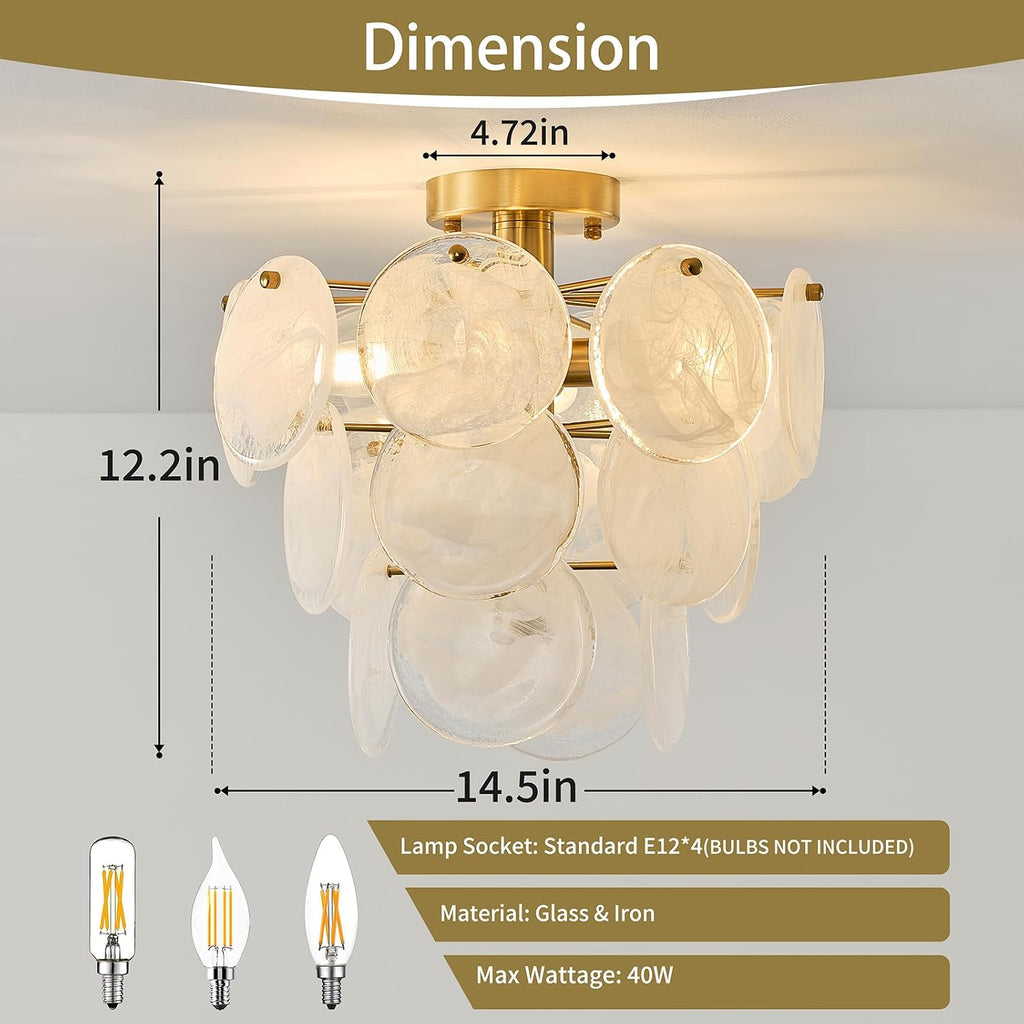15" Brass Gold Semi Flush Mount Ceiling Light,13 lb Sturdy Vintage Flush Mount Chandelier with Unique Cloud Glass, 4