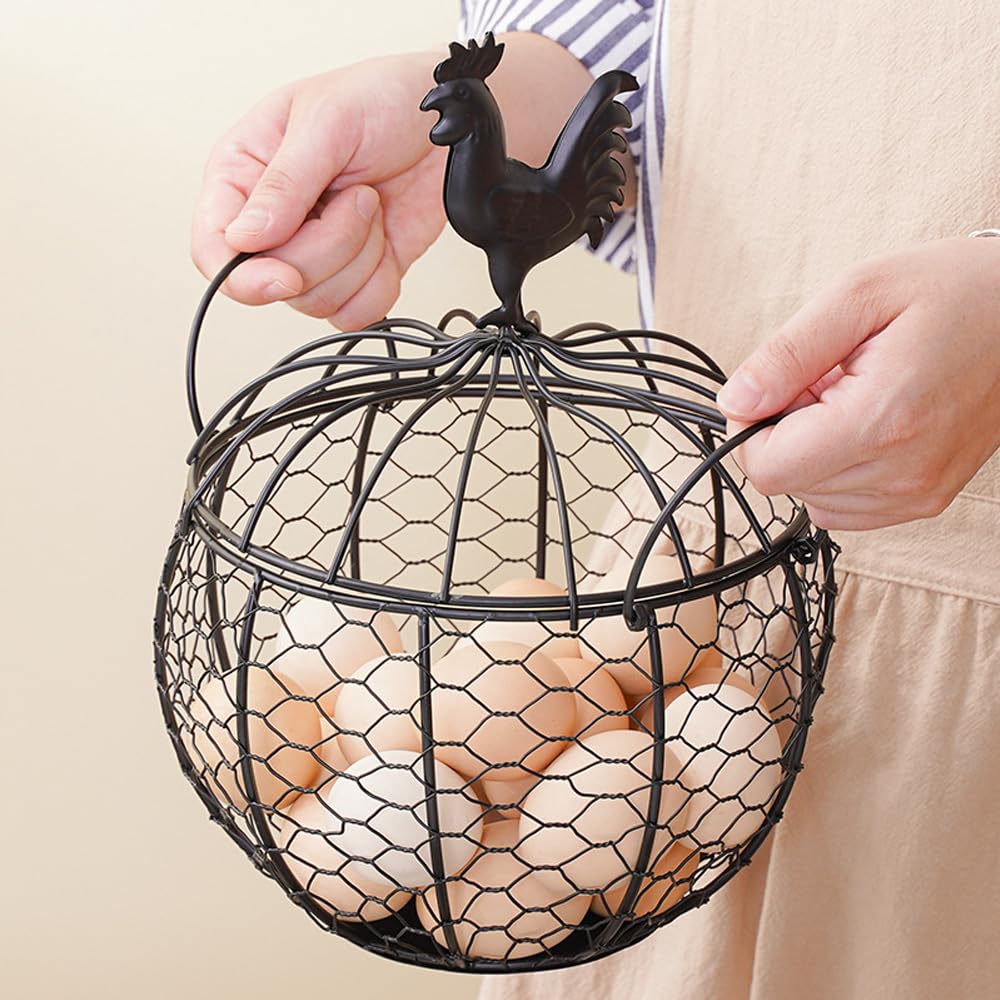 Wire Egg Basket for Gathering Fresh Eggs Collecting Basket With Handle, Decorative Egg Metal Basket for Counter