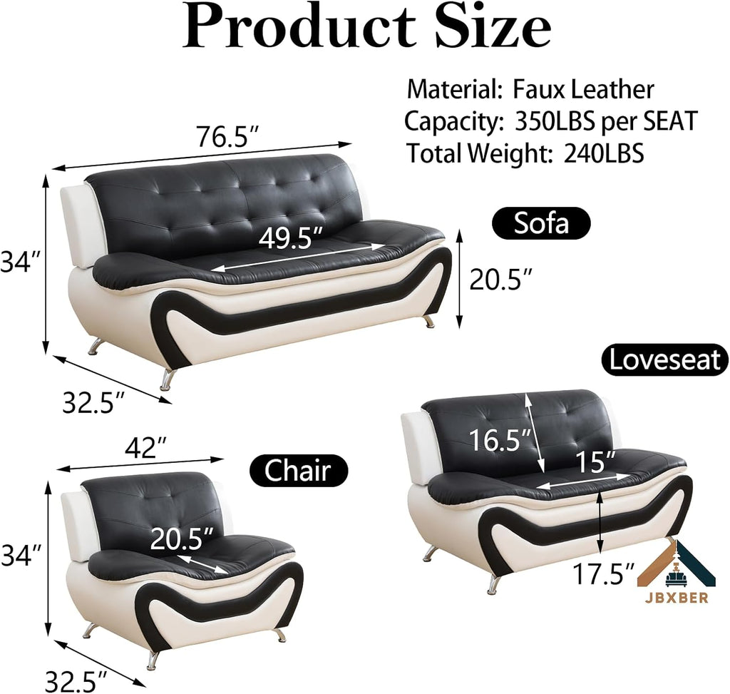 Living Room Furniture Set , Faux Leather Couch Sets, Modern Couch (3 Piece Set,Black&White)