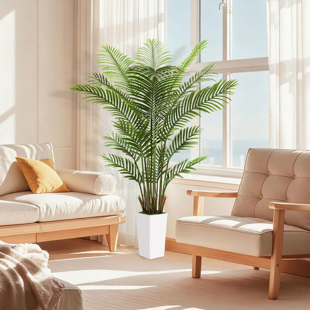 Artificial Palm Tree 6FT - Lifelike Fake Areca Palm Tree with White Tall Planter - Faux Indoor Tropical Floor Plant