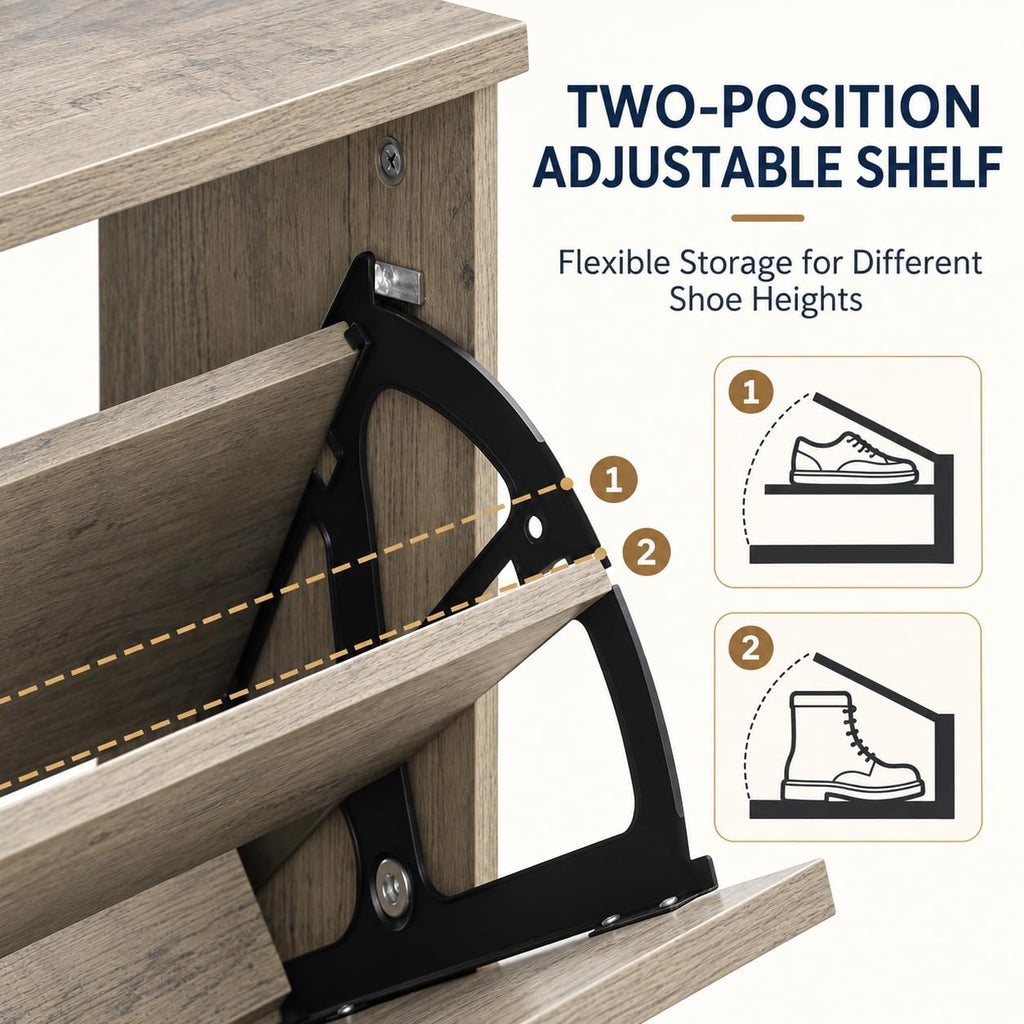Farmhouse Narrow Shoe Storage Cabinet, Space-Saving Freestanding Shoe Rack Cabinet with 2 Flip-Up Drawers, Hidden