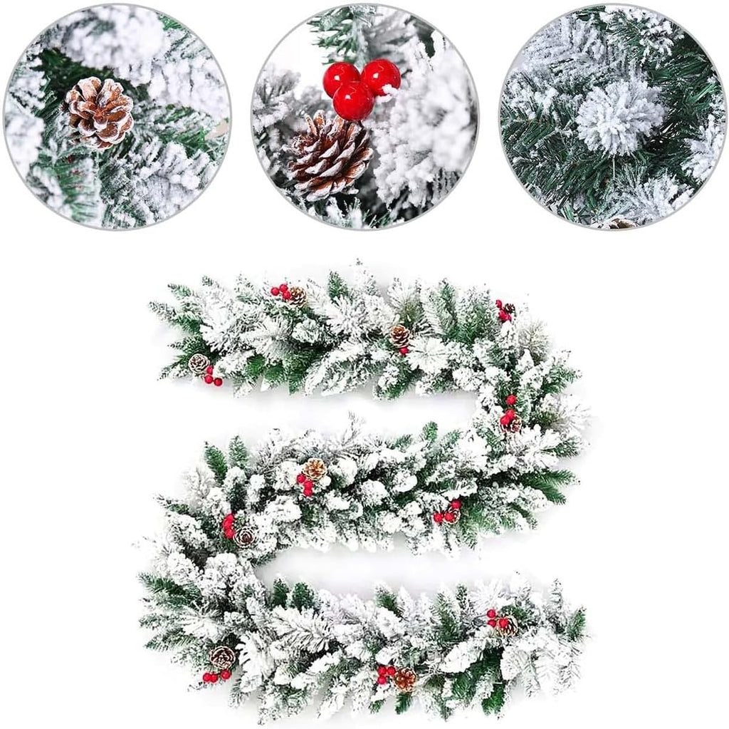 Christmas Garland with Lights, Cedar Xmas Holiday Decoration Snow Flocked Artificial Garland with Pinecones Berries