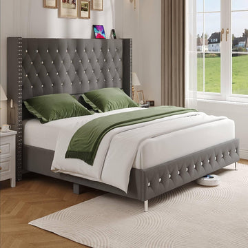 Queen LED Upholstered Bed Frame with Wingback Headboard, Velvet Diamond Button Tufted Bed Frame w/USB&Type-C Ports