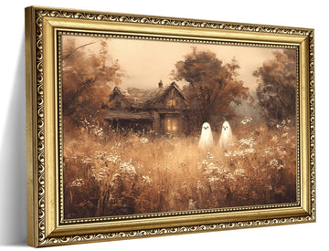 Gold Framed Halloween Wall Art, Cute Cottage Ghosts Artwork 16x24 Inch