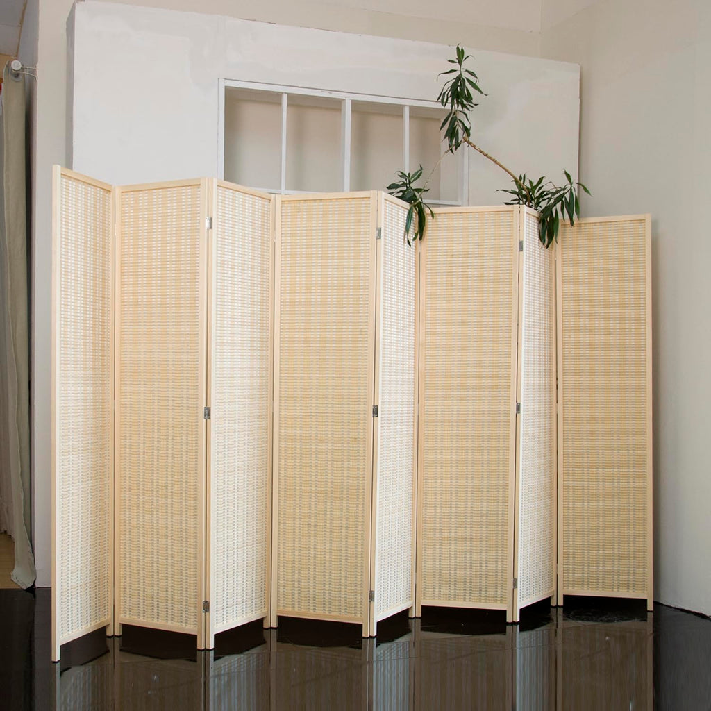 8 Panel Bamboo Room Divider - 5.6 ft Tall Natural Beige Folding Privacy Screen, Double-Sided Freestanding Partition