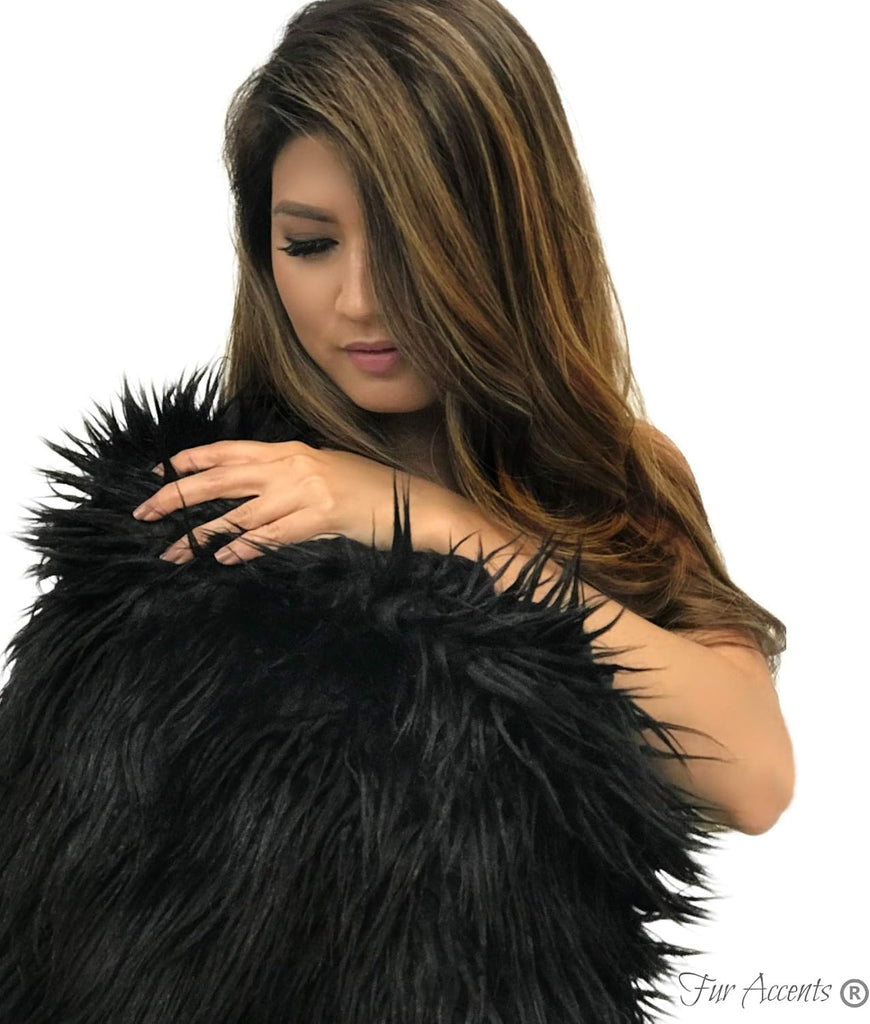 Designer Faux Fur Throw Blanket -Long Hair Luxury Fur - Charcoal Black