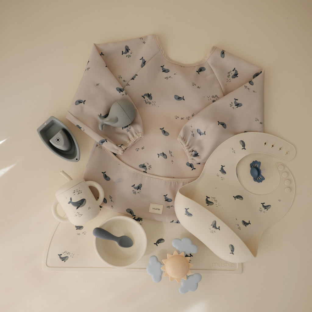 Long Sleeve Baby Bib | Water Resistant Adjustable Fit (Whales)