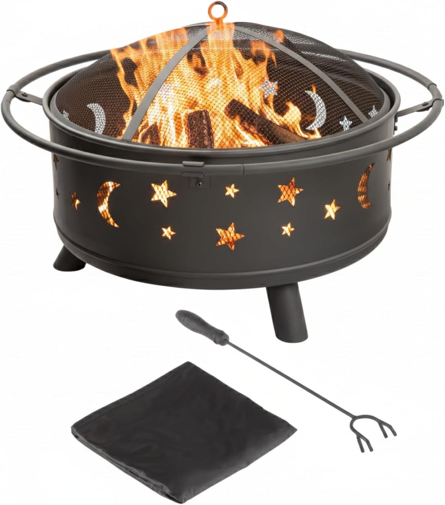 Fire Pit - 32-Inch Outdoor Wood Burning Firepit with Screen, Poker, and Cover - Outdoor Fire Pits for Backyard, Deck, or Patio by (Black)