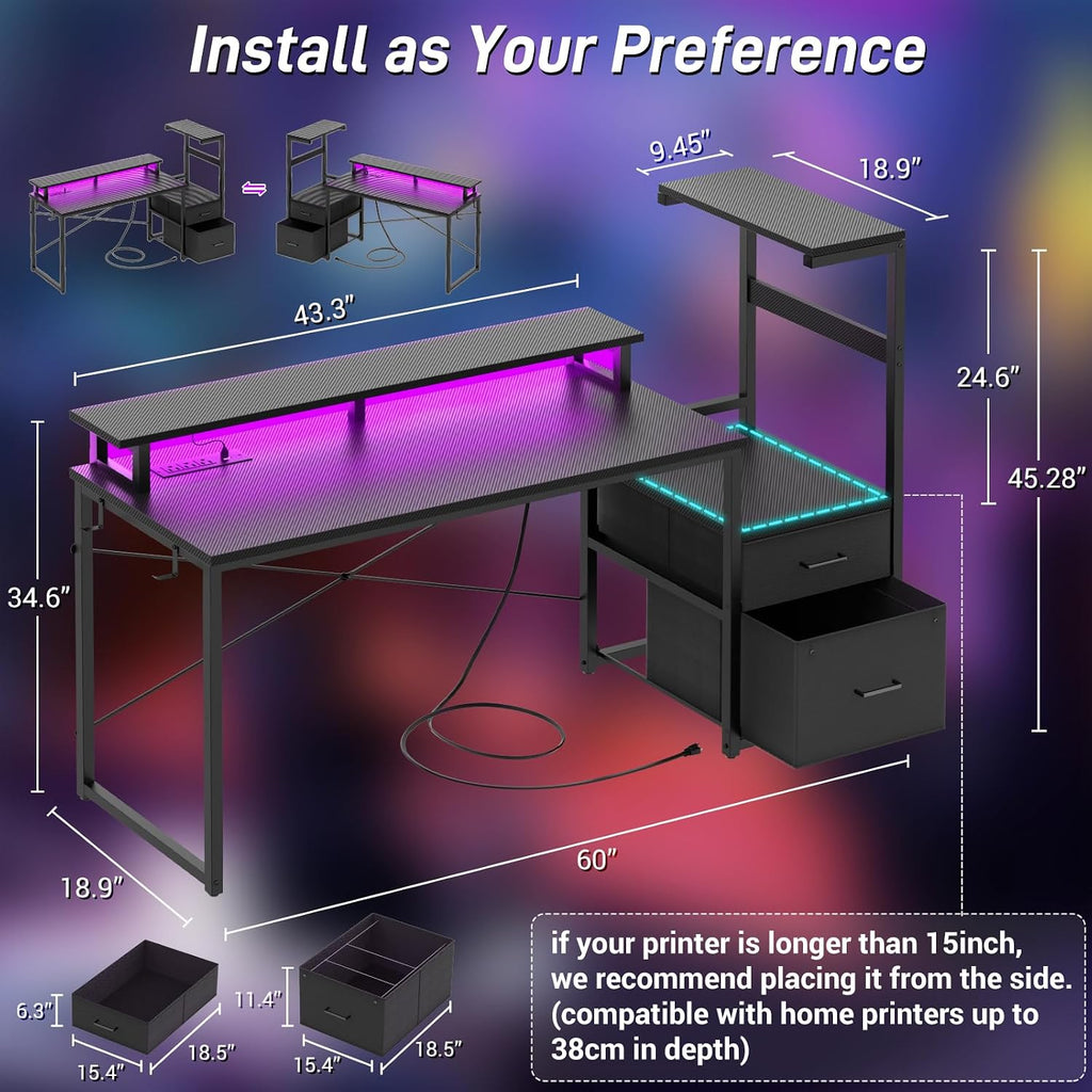 59" Gaming Desk with RGB LED & Power Outlet &PC Case/Printer Stand | Reversible Computer Desk with Monitor Stand &