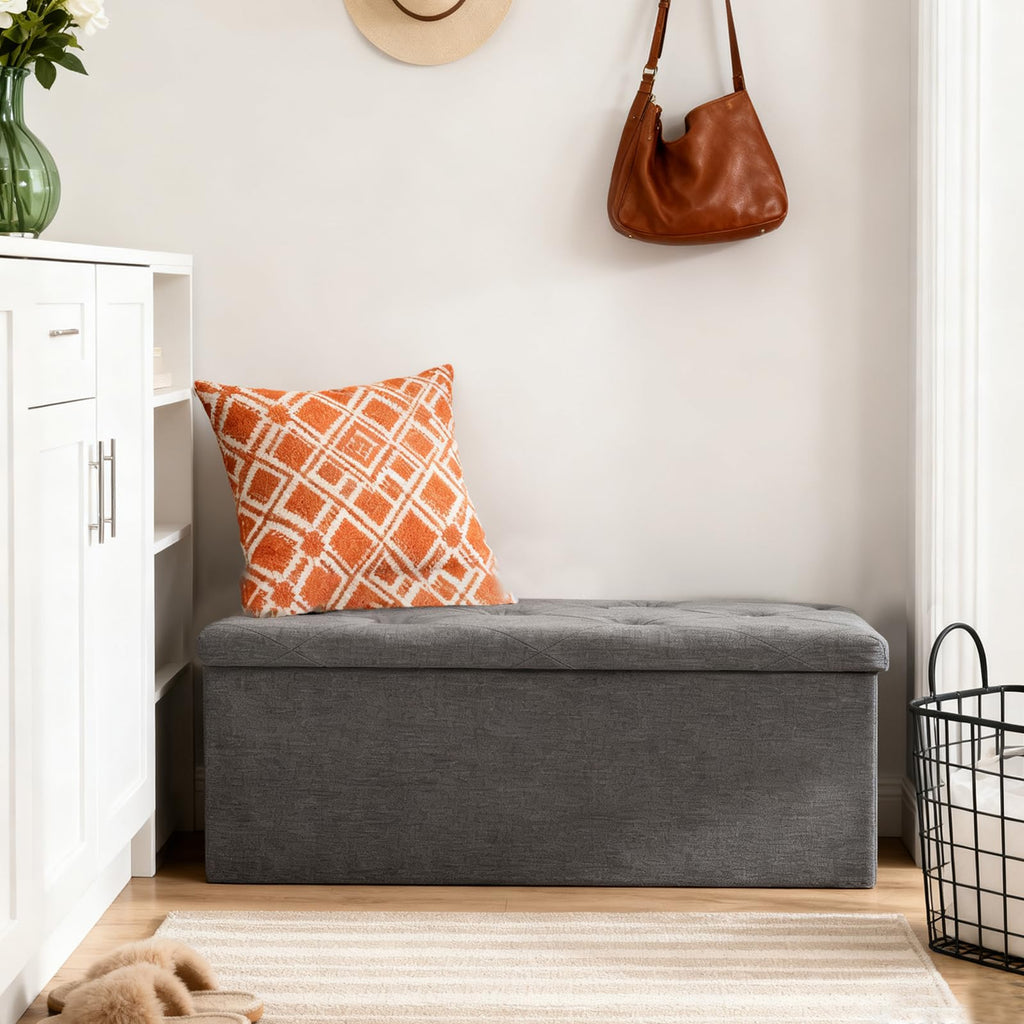 43 Inches Ottoman with Storage, Folding Storage Ottoman Bench Set, Storage Chest, Support, Grey
