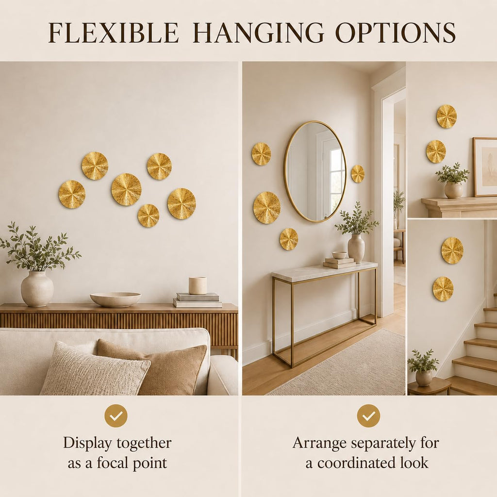 6 Pcs Gold Sunburst Wall Decor Set, Iron Metal Wall Art with 9.6" & 5.9" Pieces, Modern Geometric Hanging Sculptures