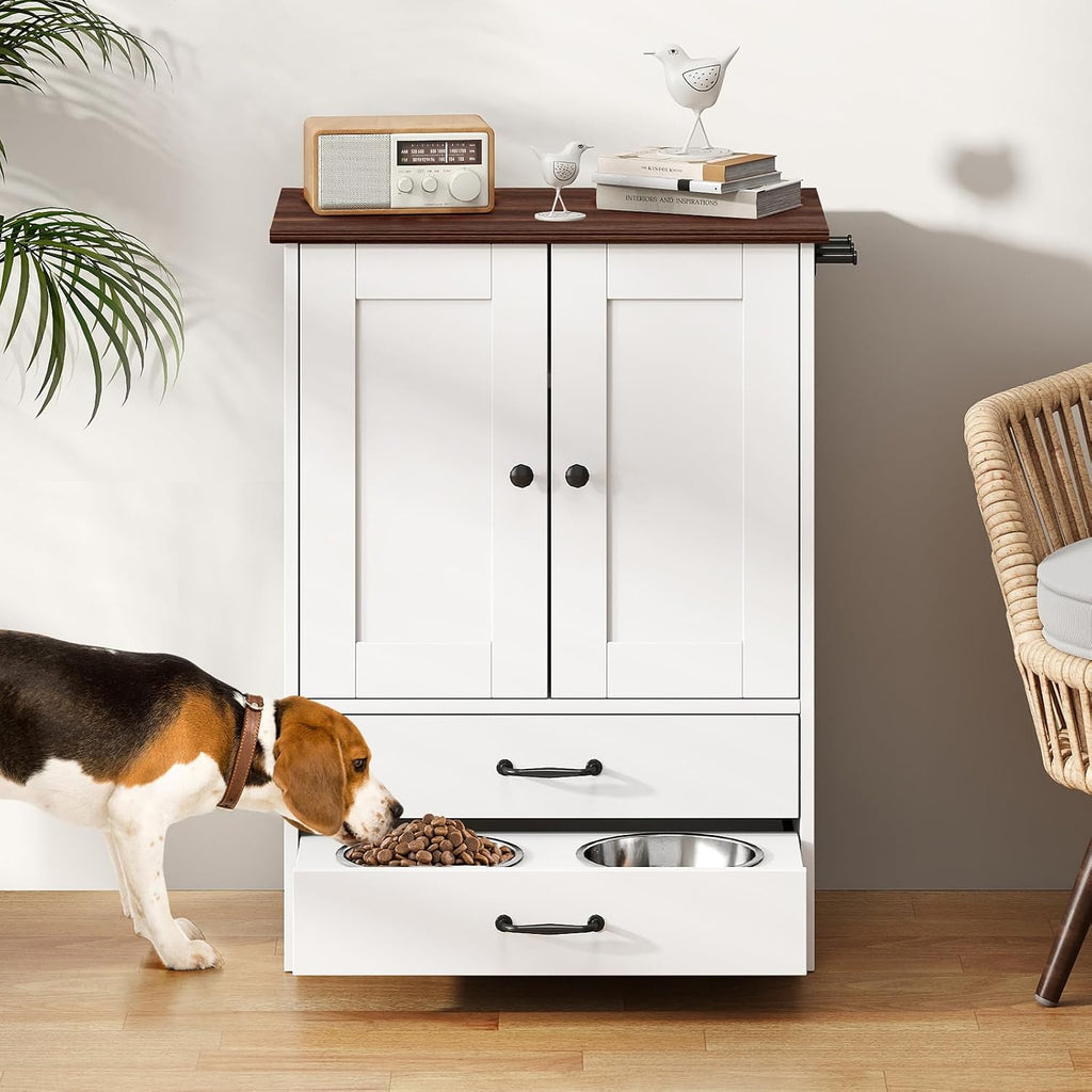 Dog Feeding Station with Elevated Dog Bowls with Storage Drawers
