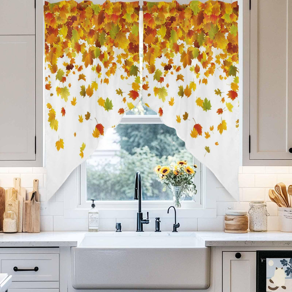Thanksgiving Orange Swag Curtains Valance Windows, Autumn Vintage Fall Maple Leaf Wide Rod Pocket Curtain