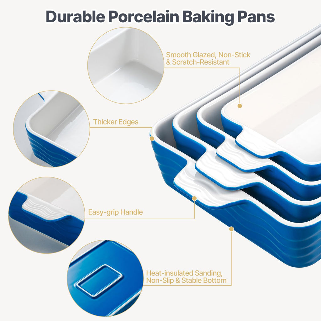 Ceramic Baking Pan with Handles, Porcelain Baking Pans Set of 4, Oven Safe and Durable Baking Dishes Rectangular