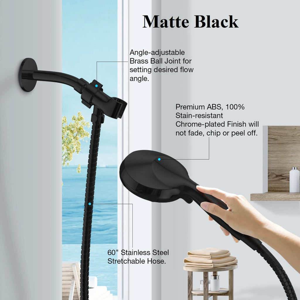 Matt Black Shower Head with Handheld Spray High Pressure-Multifunction Strong Flow Rain Massage Showerhead with Extra