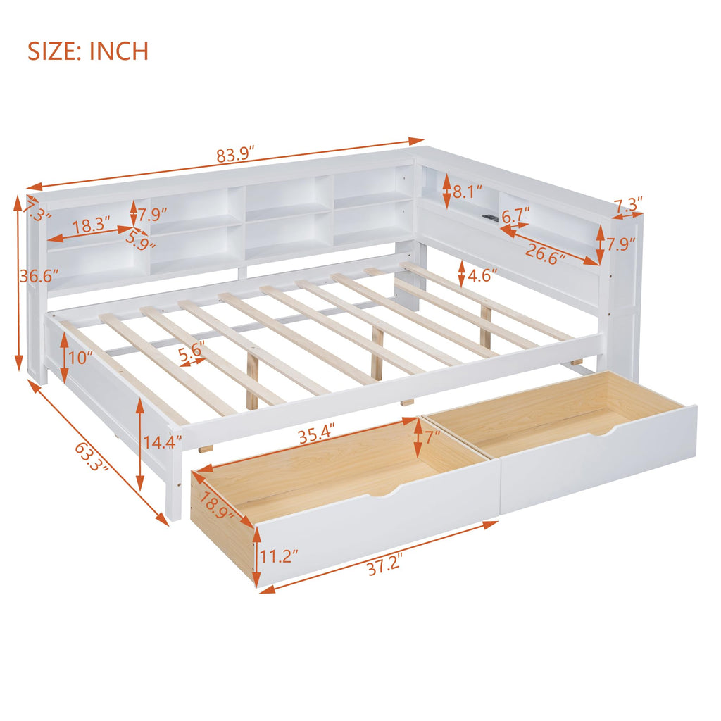 Wooden Full Size DayBed with Twin Size Trundle, DayBed with Storage Shelf and USB Charging Ports, White