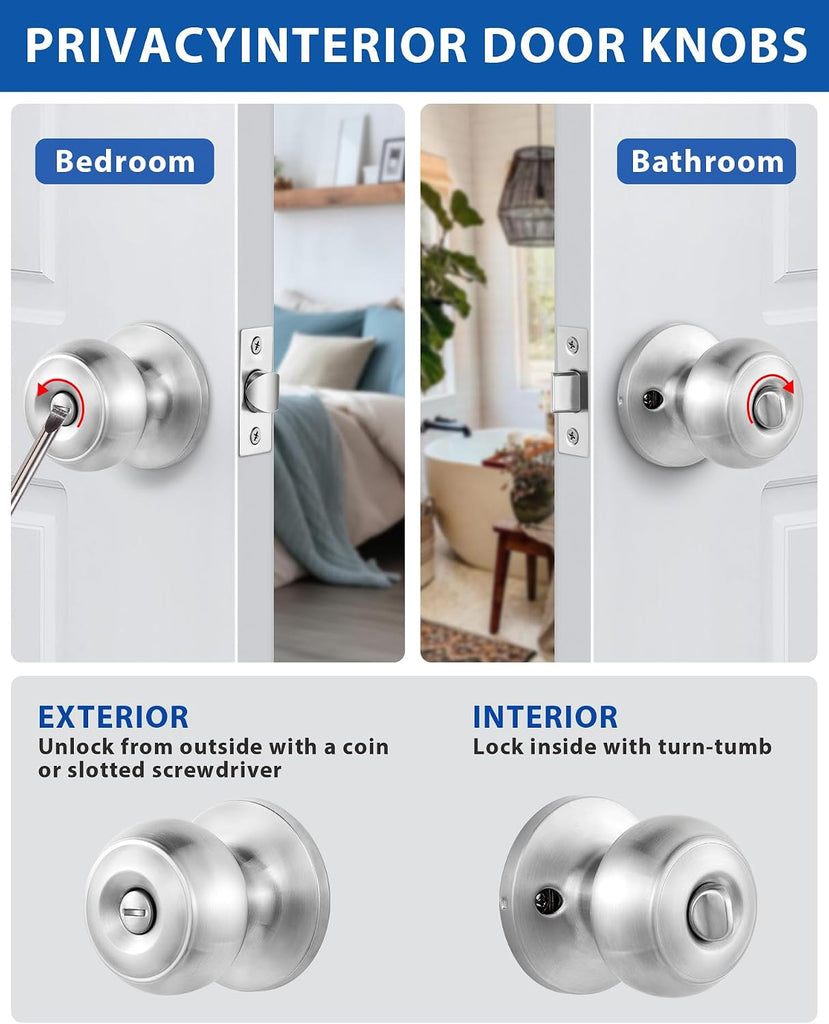 5 Pack Interior Door Knobs Keyless, Brushed Nickel Privacy Door Knob, Round Ball Bath/Bed Door Locks