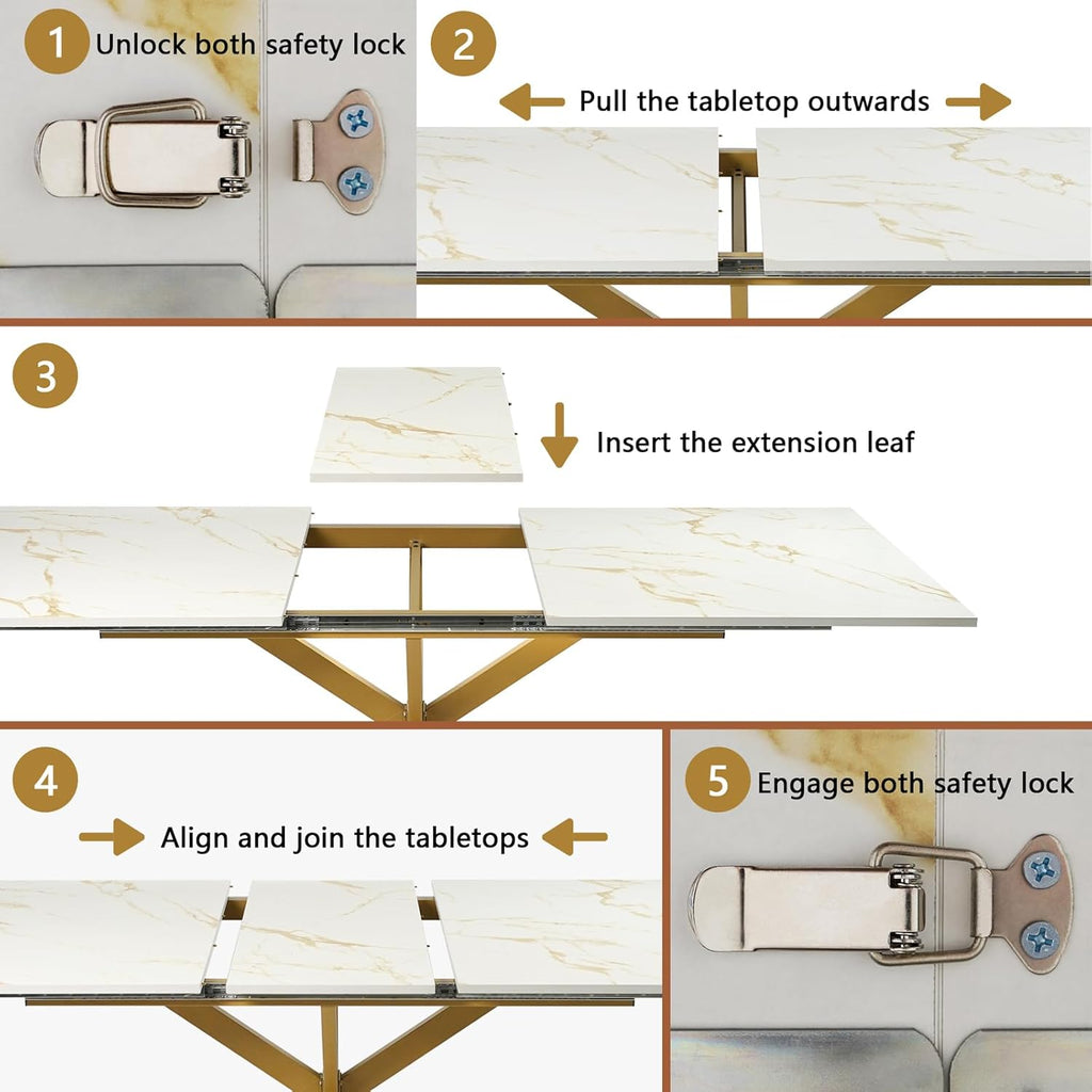 63"-79" Extendable Dining Table for 6-10 People, Modern Rectangle Extendable Kitchen Table with Gold Faux Marble