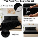 Queen Comforter Set 7 Pieces Bed in A Bag Black Luxury Soft Queen Bed Set Pintuck Pinch Pleat Bedding Sets with