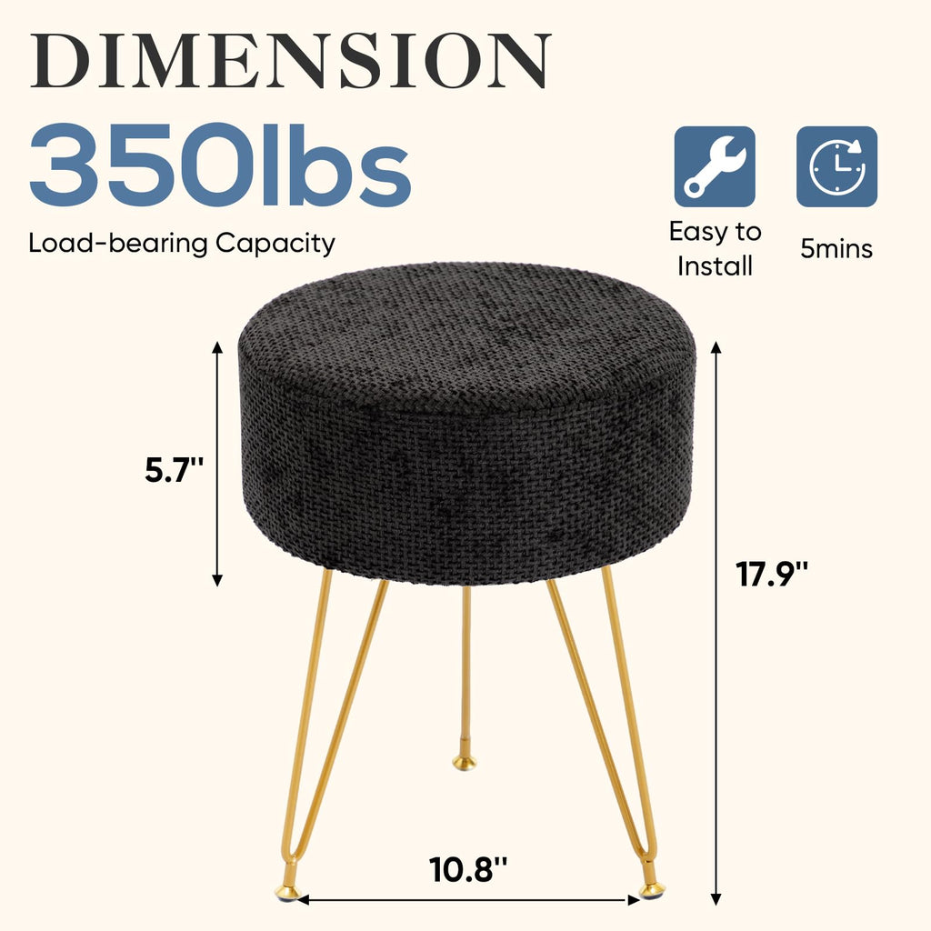 Velvet Vanity Stool, Heavy-Duty Makeup Stool with 4CM Thick Cushion, Round Ottoman Footrest Chair, Dressing
