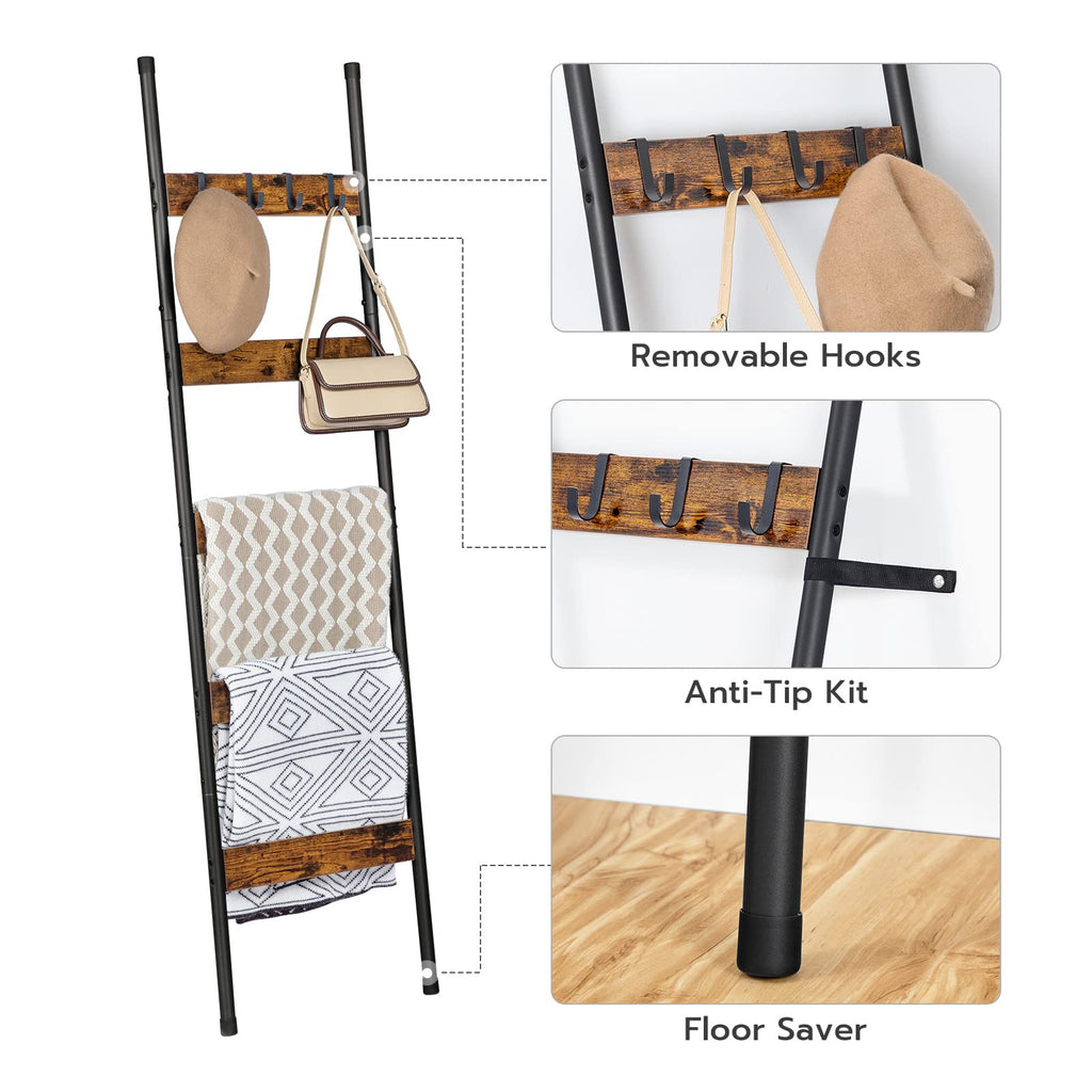 Blanket Ladder, 5-Tier Towel Rack with Hooks, Wall-Leaning Blanket Rack, Decorative Display Ladder Shelf, for