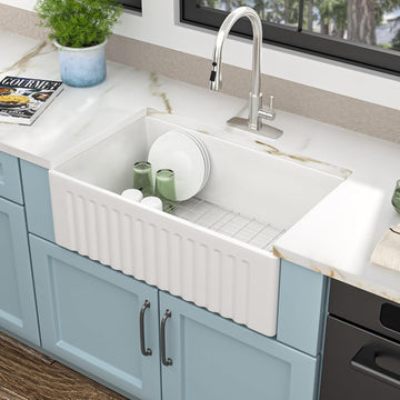 30"x18" White Farmhouse Sink - Reversible Apron Front, High-Gloss Fireclay Porcelain Ceramic Farm Kitchen Sink