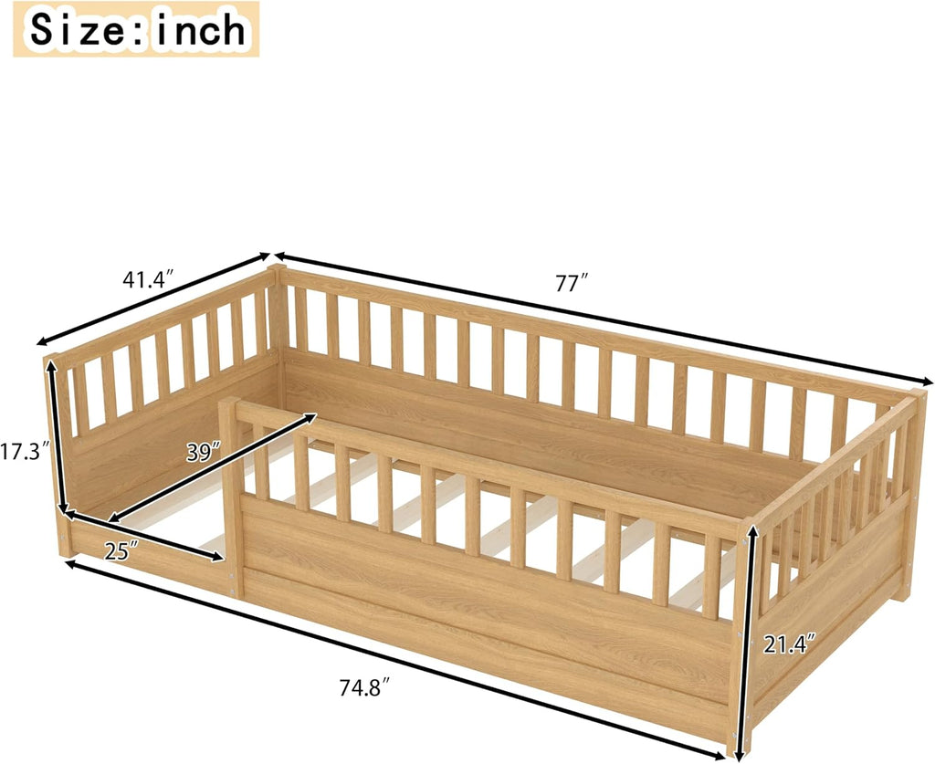 Twin Size Floor Bed with Slats and Fence