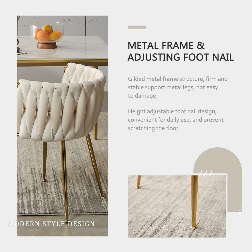 Velvet Dining Chairs Set of 4, Modern Dining Chair with Golden Metal Legs, Woven Upholstered Dining Chairs for Dining