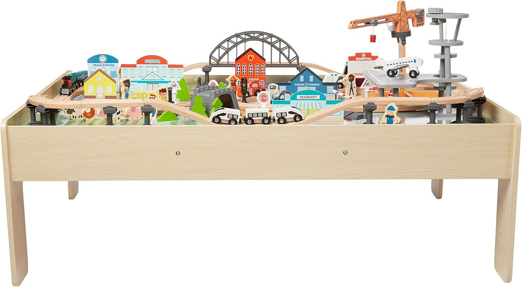 120 Piece Wooden Train Set with Activity Table, Sturdy Tracks, Storage Bin, Easy to Assemble, Kids Gift for Age 3Y+