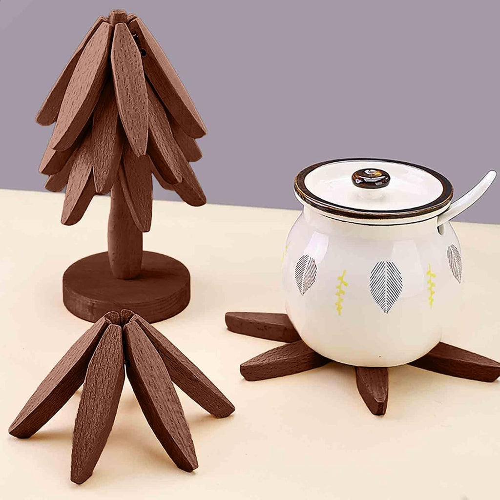 Wooden Cup Coaster Set,Tree Shape Trivet Set,Tree Coasters- 4 Wooden Trivets + 1 Stand stored for hot