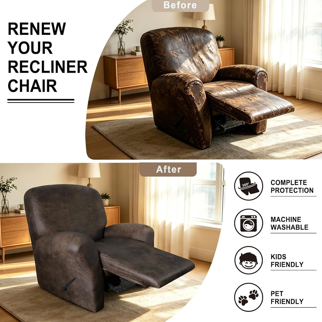 Leather Look Recliner Chair Covers Heavy Duty, 4 Pieces Recliner Cover for Recliner Chair, Leather Cover for Recliner