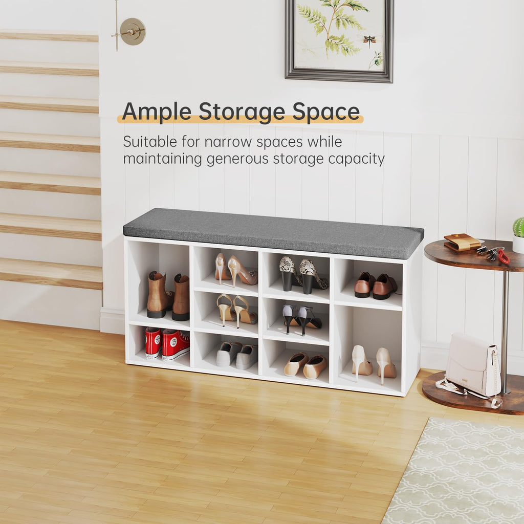 3-Tier Shoe Bench with Cushion | White/Grey | 10 Compartments