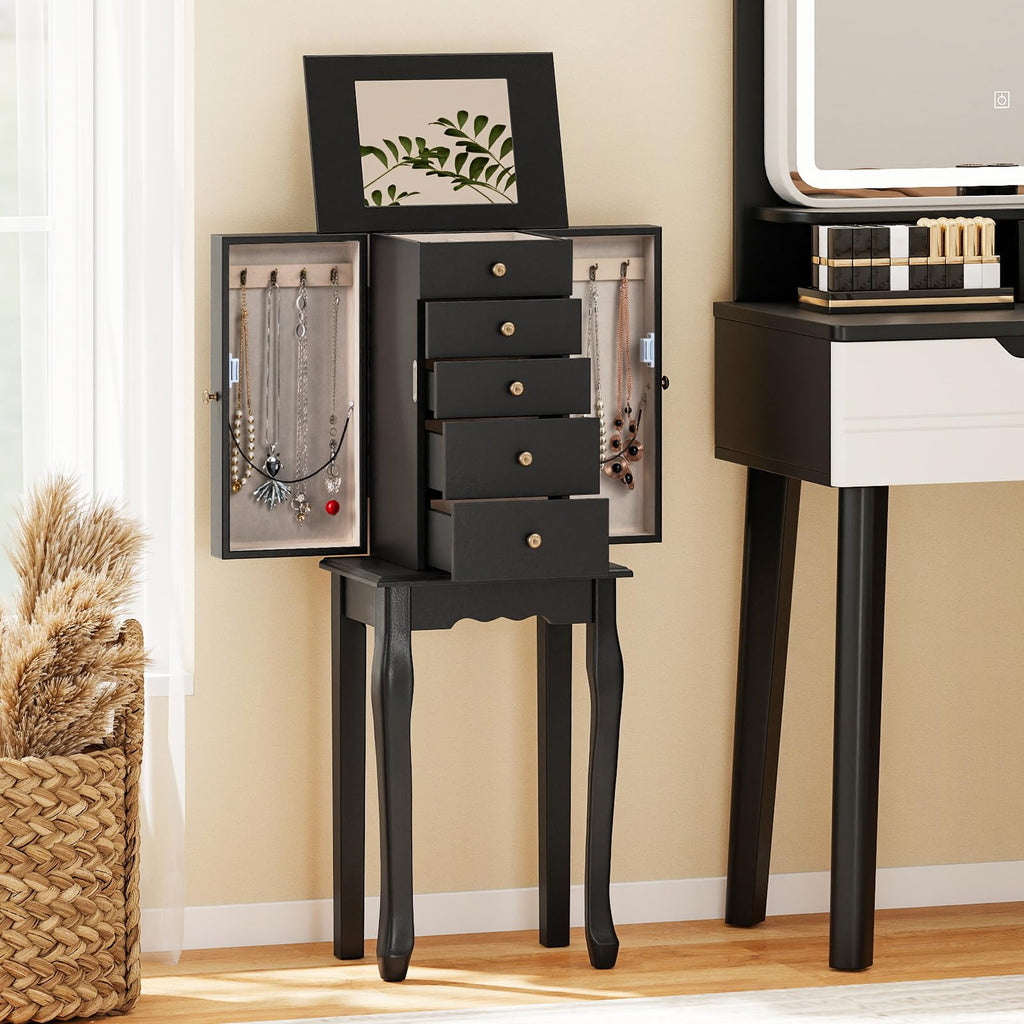 Standing Jewelry Cabinet Armoire with Top Flip Mirror, Jewelry Box Chest with 4 Drawers, Top Compartments, 8 Necklace