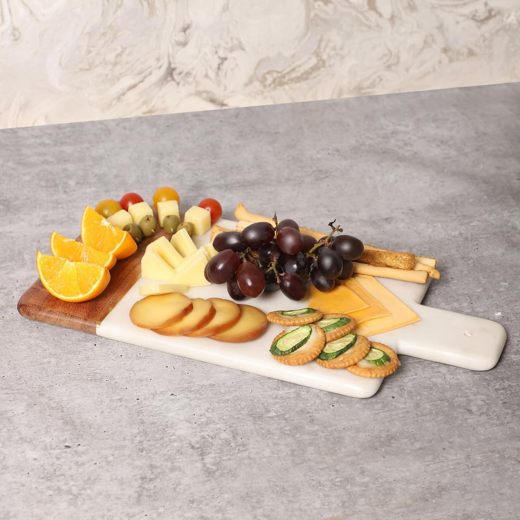 Cheese Board Natural Marble Acacia Wood and Brass Inlay 15 Inch Serving Tray for Cheese Platter Fruit Platter
