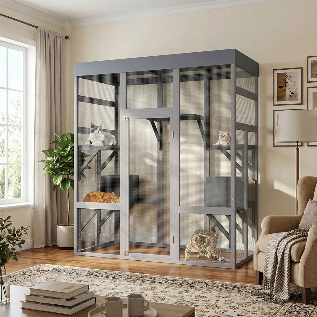 70.1" Large Catio Outdoor Cat Enclosure, Solid Wood Cat House with Waterproof Fabric Roof and 2 Napping House