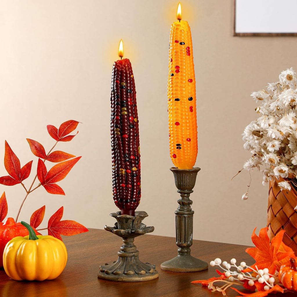 2 Pcs Fall Corn Cob Taper Candles Thanksgiving Candlesticks