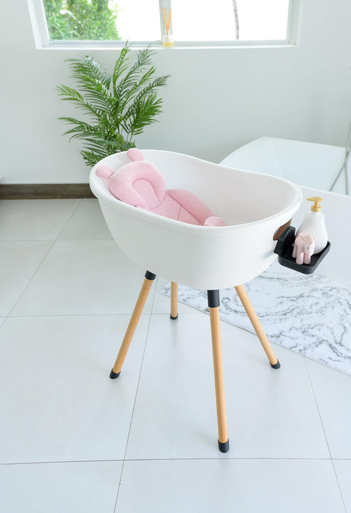 Luxury Baby Bathtub with Wooden Stand - 3-Stage Convertible, Ergonomic & Back-Saving Design (Pink Bundle)