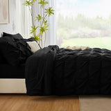 Queen Comforter Set Black, 7 Pieces Pintuck Bed in A Bag, Premium Black Comforter Queen
