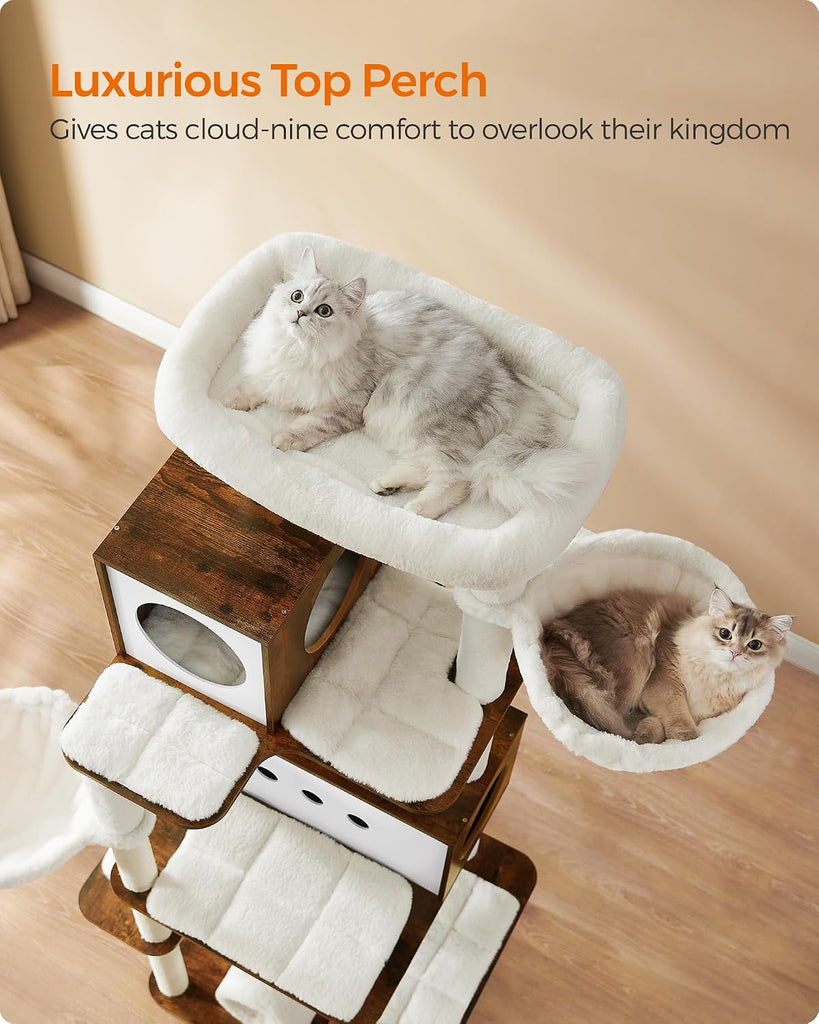Cat Tree, 75.6-Inch Multi-Level Condo with 2 Caves, 2 Hammocks