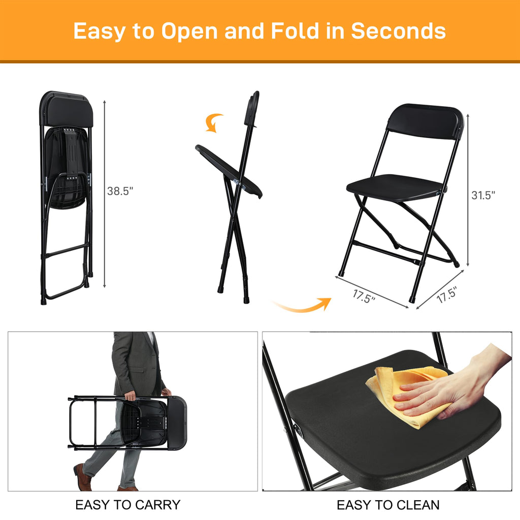 30 Pack Black Plastic Folding Chairs, Portable Party Chairs, Stackable Commercial Seats with Steel Frame Wedding