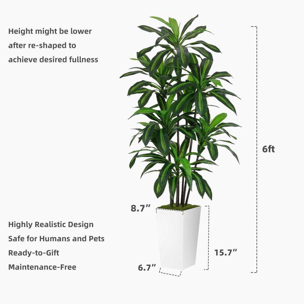 Artificial Plant 6FT Dracaena Fake Tree with White Tall Planter